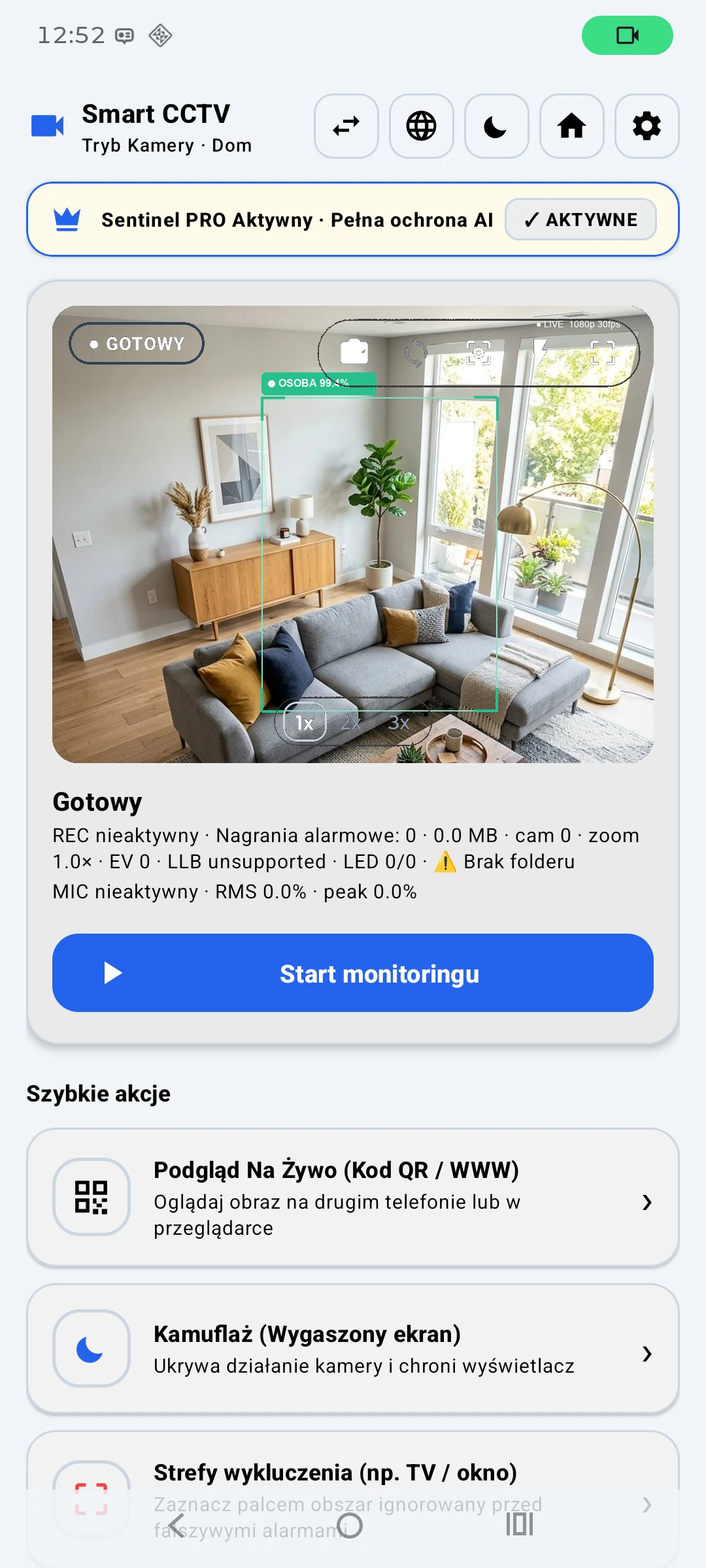 Sentinel AI tryb CCTV do monitoringu z telefonu