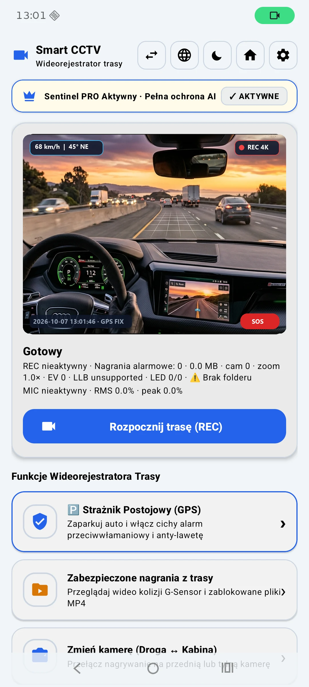 Android dashcam screen with GPS data in Sentinel AI